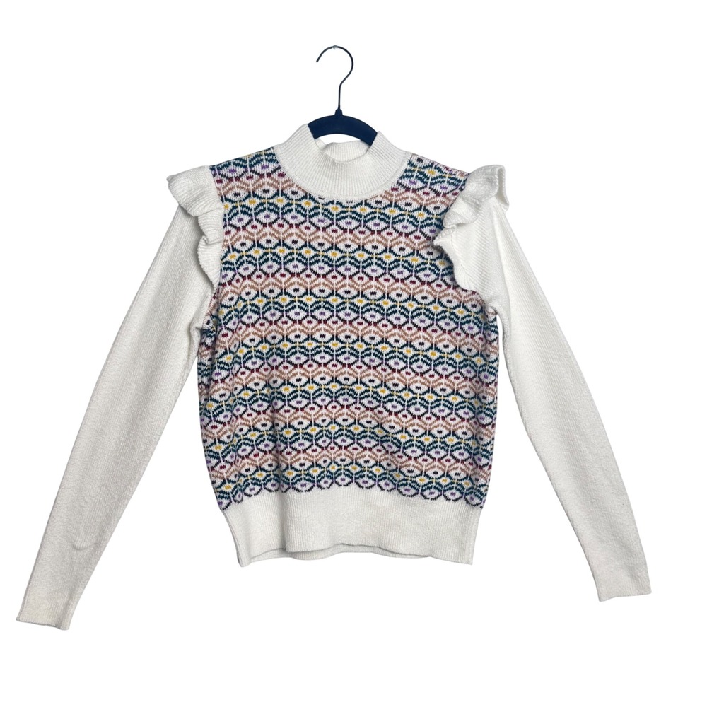 LOFT Fair Isle Ruffle Shoulder Sweater Medium Mock Neck Cottagecore Cozy 404